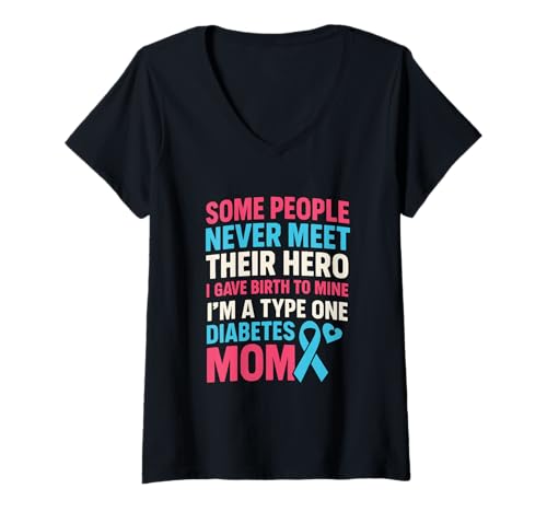 Femme Soutien de Sensibilisation au diabète de Type 1 T1D Maman Fils T-Shirt avec Col en V