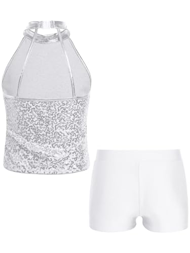 Aislor Kids Girls Halter Sleeveless Sequins Ballet Dance Crop Top with Shorts Set Gymnastics Dancewear Sportswear2