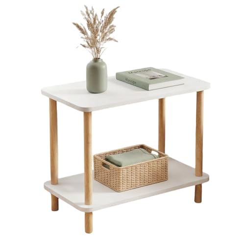 Nivofu Mesa Auxiliar Salon Blanca, Mesita de Noche Estrecha de 2 Niveles para Dormitorio, Pequeña Mesa de Centro Moderna de Madera, Estantería Organizadora para Sofá, Balcón y Espacios Pequeños