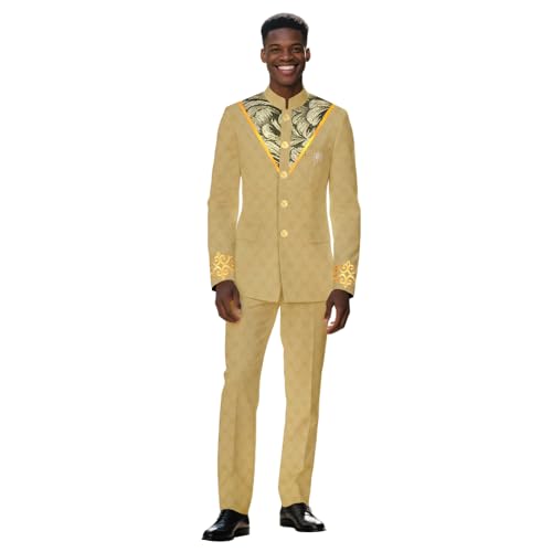 African Suits for Men Slim Fit Embroidery Brooch Single Breasted Jacket and Pants 2 Piece Set Dashiki Wear