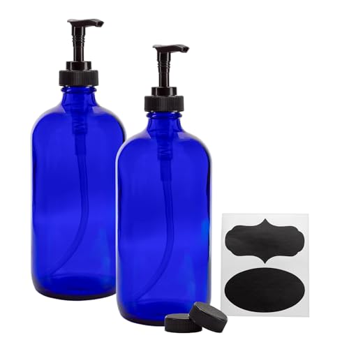 Cornucopia Brands 16oz Cobalt Blue Glass Bottles w/Lotion Pump Dispensers (2-Pack); Refillable Liquid Soap, Hand Care, Pump Bottles + Chalk Labels & Lids