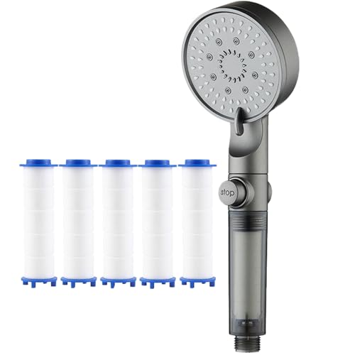Hydroboost Shower Head Filter, HydroBoost High Pressure 5-Mode Filtered Shower Head, Built‑In Filtration Removes Chlorine & Sediment, One‑Touch Shut‑Off – Tool‑Free Install Rainfall (Gray)