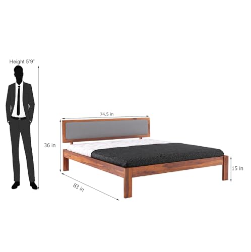 Wooden King Size Bed for Bedroom | Wooden Double Bed | Platform Cot Bed with Upholstered Cushioned Headboard | 6.5 x 6 Ft | Sheesham Solid Wood, Honey Finish