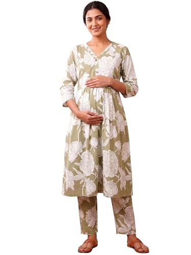 Image of RITIJYA Pure Cotton Feeding Kurta Pant Set for Women | Floral Anarkali Pregnancy Dress with Concealed Nursing Zipper Side Pocket | Pre & Post Partum | Maternity Dresses | Baby Shower Outfit