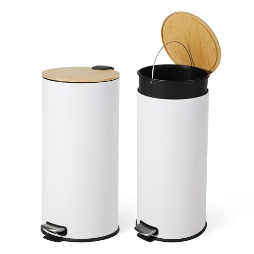 Caneca de basura redonda 30L acero inoxidable con tapa bambú miniatura 3