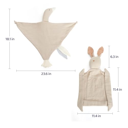 Image of 2-Pack Bunny & Goose Baby Lovey Security Blankets, Soft, Breathable Cotton Muslin, Unisex for Newborns & Infants (Khaki Set)