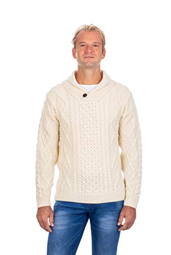SAOL Irish Sweater for Men's Made of 100% Merino Wool -Ireland Fisherman Shawl-Collar Pullover