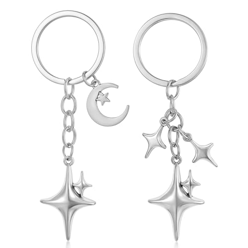 YUXIANLB 2 Pcs Cute Silver Star Moon Keychain Set Aesthetic Dainty Stainless Steel Key Rings for Women Purse Handbag Backpack Laptop Car Keys Trendy Jewelry Gift for Christmas Birthday Anniversary