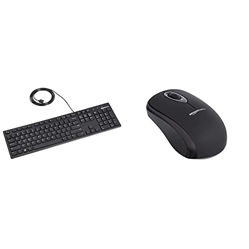 Amazon Basics Matte Black Wired Keyboard - US Layout (QWERTY) & Wireless Computer Mouse with USB Nano Receiver - Black