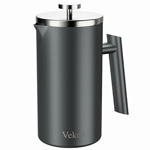 Veken French Press Plunger Coffee Tea Maker 34 Ounce 1 Liter, Double Wall Vacuum Insulated Stainless Steel Coffee Press with 4 Filter Screens for Camping Travel Gifts, Dishwasher Safe, Grey