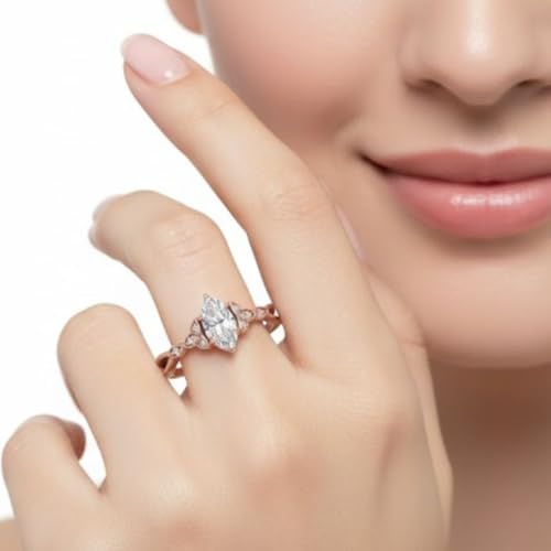 Image of 55Carat Choose Your Gemstone 14k Rose Gold Plated Marquise Shape Petite Engagement Ring Everyday Wedding Jewelry Handmade Gifts for Wife Celtic Knot Split Diamond CZ Birthstone Ring : US Size 4 to 12
