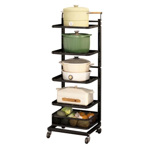 Carrito de cocina rodante con ruedas, carrito de almacenamiento plegable, estante de 5 niveles con 4 tablas y 1 canasta, ahorro de espacio, acabado negro