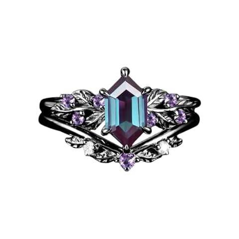 INURAN S925/10K/14K/18K Solid Gold Long Hexagon Shape Alexandrite Engagement Ring Set Leaf Art Deco Unique Vine Gemstone Wedding Anniversary Ring Set Gothic Black Gold Bridal Ring Set Cover