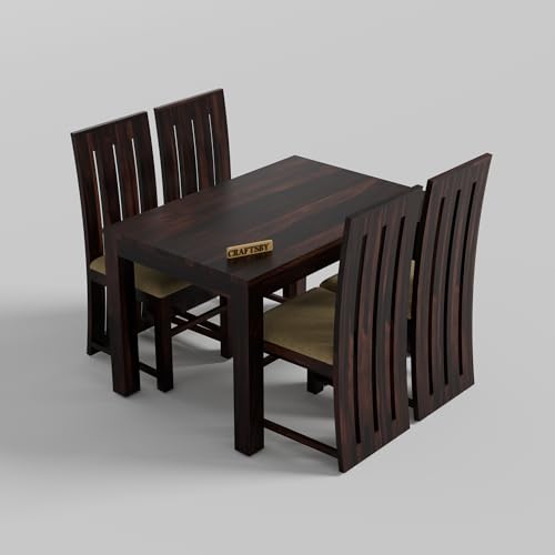 Image of 45 Inches Length Solid Sheesham Wood 4 Seater Dining Table Set | Four Seater Dinner Table with 4 Cream Cushions High Chairs| Dinning Table Set 4 Seater for Living Room| Walnut Finish