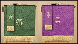 Autom Purple and Green Jacquard Reversible Pulpit Scarf with Cross