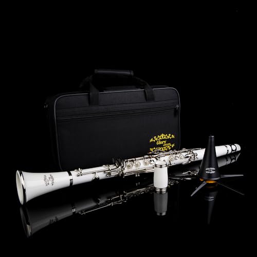 Image of Glory GLYCLAWH Professional Ebonite Bb Clarinet with 10 Reeds, Stand, Hard Case, Cleaning Cloth, Mouthpiece Brush and Pad Brush,White /Silver