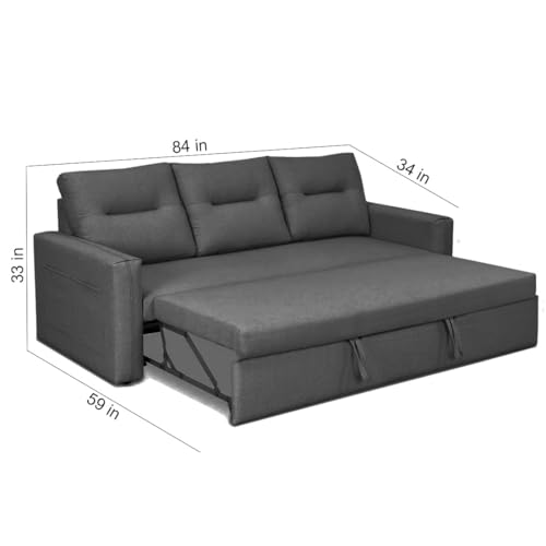 Image of FURNY Premium Clanster 3 Seater Fabric Pull Out Sofa Cum Bed Set for Living Room | with Velvet Fabric | - Dark Grey Color