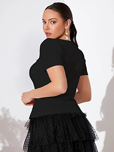 Image of Shasmi Women Polycotton Regular Fit Solid Knitted Square Neck T-Shirts Short Puff Sleeve Tops (TOP 52)