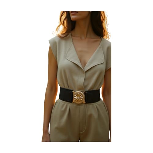 Women Fashion Waisted Elastic Black Belt Dressy Gold Metal Flower Buckle Size S M4