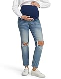 Peauty Maternity Distressed Ripped Straight Leg Jeans with Pockets Pregnancy Trousers Over The Belly High Waisted Washed Denim (Blue 12)
