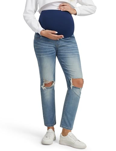 Peauty Maternity Distressed Ripped Straight Leg Jeans with Pockets Pregnancy Trousers Over The Belly High Waisted Washed Denim (Blue 12)