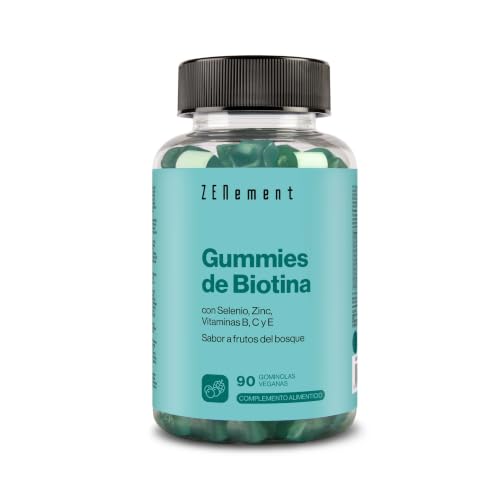 Gummies de Biotina para el Cabello, Piel y Uñas - 90 Gominolas Veganas | con Zinc, Selenio y Vitamina A, B3, B5, B6, B9, B12, C y E - 6000 mcg - Sabor Frutos del Bosque - 1 al Día - Zenement