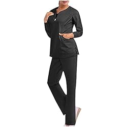Ropa De Trabajo Dama VEMOW Uniformes Damen con Camiseta y Pantalones, Camisetas de Manga Corta para Mujer, Tops de Mujer Uniforme Color Sólido de Trabajo Uniforme Camisetas, Uniforme Blusa de Trabajo(D Negro,S)