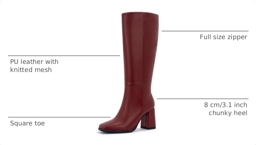 Image of Knee High Boots for Women - Wide Calf Boots with Zipper, Square Toe Tall Leather Boots, Chunky Heel Fashion Long Boots
