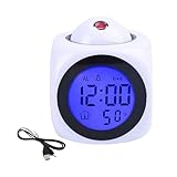 Sveglia a proiezione con cavo di ricarica, orologio digitale per camere da letto con display a soffitto, proiettore di temperatura, sveglia con display a LED, orologi a batteria (bianco)