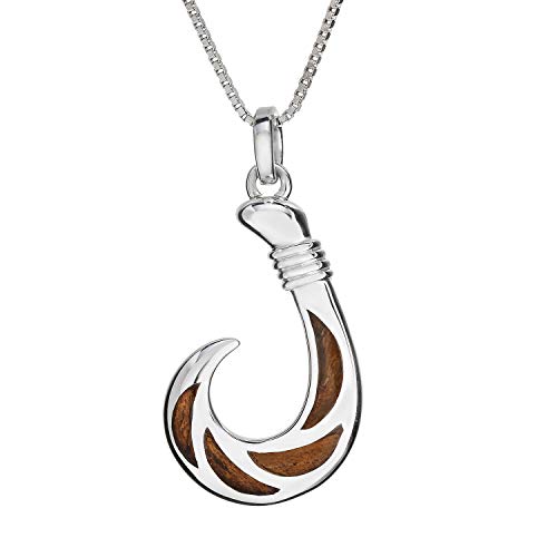 Aloha Jewelry Company Sterling Silver Koa Wood Fish Hook Necklace Pendant with 18  Box Chain