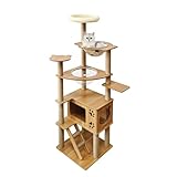 日本メーカー RAKU キャットタワー 木製 宇宙船付き 高さ約160 cm 子猫 短足猫向け 多頭飼い 猫ハウス 爪とぎ支柱ポール 丸角デザイン 猫タワー 据え置き ホワイトコットン支柱 シンプル お手入れ簡単 (キャットタワ-M（麻纽)）)
