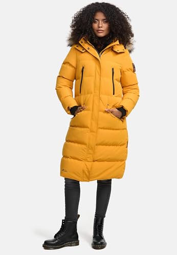MARIKOO Damen Wintermantel warmer Steppmantel lang mit abnehmbarem Kunstfell und Kapuze Schneesternchen Yellow Gr. XS