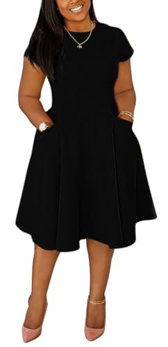Image of Summer Dresses for Women Semi-Formal Fit Casual Slim Short Sleeve O-Neck Elegant Swing A Line Midi Dresses with Pockets