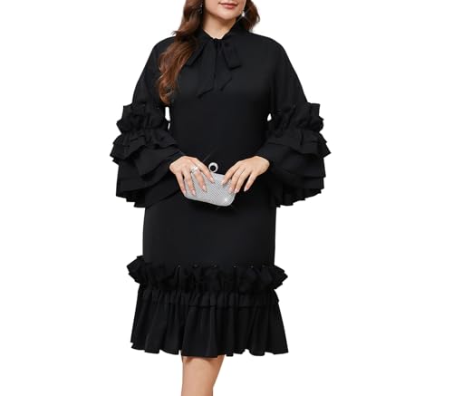 Image of dasmzper Women's Plus Size Midi Dress Ruffle Sleeve Bow Tie Neck Casual A line Swing Midi Dresses