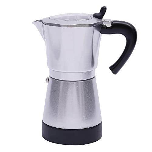 PHOYUXM Cafetera Moka Pot, 480 W, 300 ml, cafetera eléctrica con base, para 6 tazas de espresso, boquilla antigoteo extraíble para 1-6 personas, color plateado