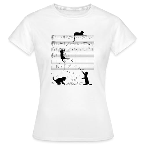 Spreadshirt Clef De Musique Chaton Chat Notes Partition Humour T-Shirt Femme, L, Blanc