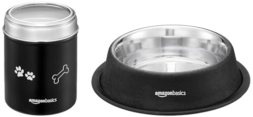 Image of Amazon Basics Stainless Steel Pet Feeding Bowls for Dog & Cats | Anti Slip Base | 2 Pcs Set | Canister & Pet Bowl in Black Color | Canister 1000 ml & Bowl 700 ml