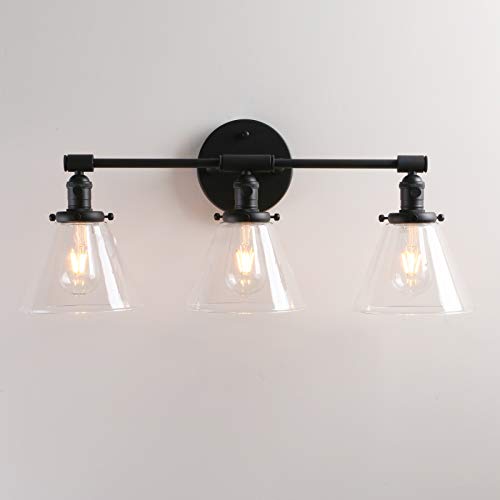 Image of Permo Vintage Industrial Antique Three-Light Wall Sconces with Funnel Flared Clear Glass Shade (Black)