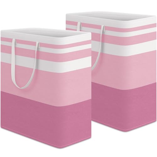 HomeHacks 2 Pack Large Laundry Baskets, Waterproof, Freestanding Laundry Hampers, Collapsible Clothes Hamper with Reinforced Handles in Laundry, College Dorm, Bathroom, Bedroom (Pink, 100Lx2)