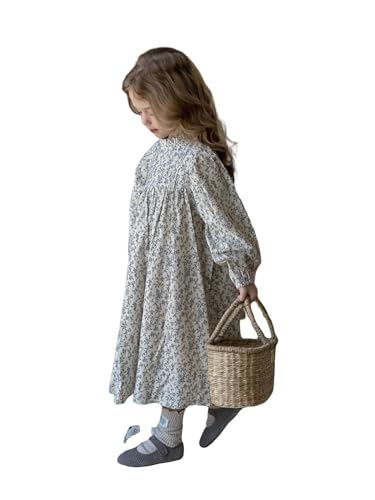 Vintage Floral Cotton Dress, Long Sleeve, High Neck, White and Blue Pattern, with Pleated Details