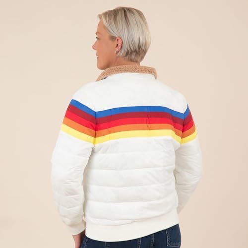 GreaterGood Chasing Rainbows Retro Stripe Insulated Jacket, Sherpa Collar Coat, Puffer Coat (US, Alpha, Small, Regular, Regular, White)2