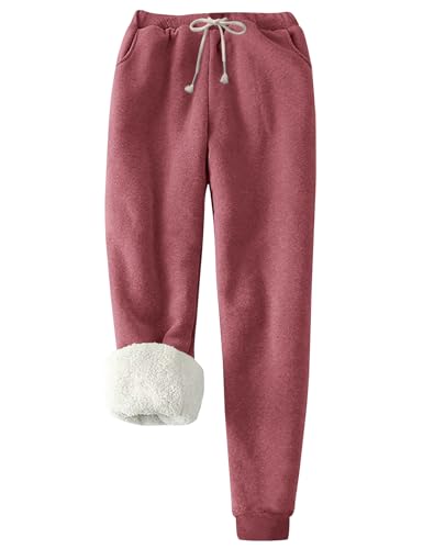 Flygo Women's Winter Warm Fleece Joggers Pants Sherpa Lined Athletic Active Sweatpants(Wine Red, Medium)