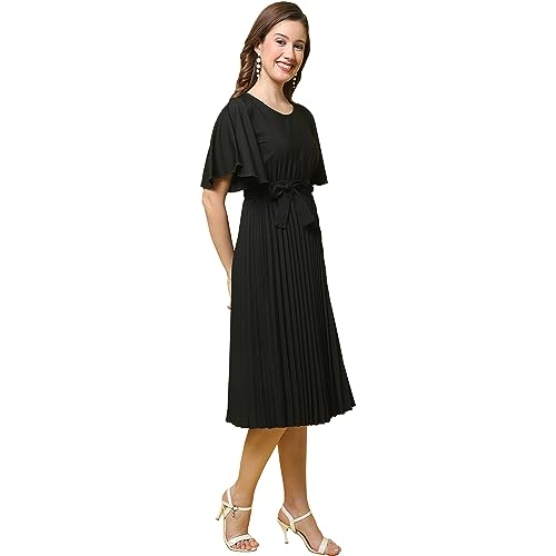 Image of Fabflee Women's Polyester A-Line Standard Length Dress (FB-P1-Pleated-204 M Black M)