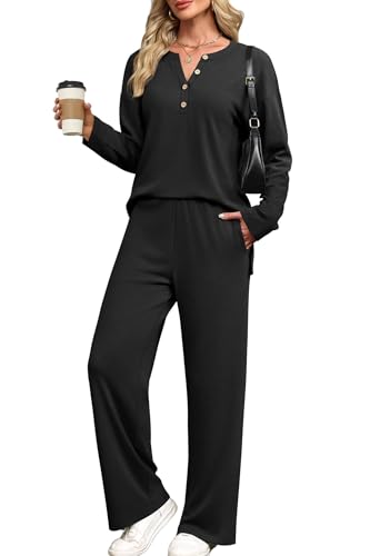XIEERDUO Lounge Sets for Women 2 Piece V Neck Button Matching Sweatsuit Loungewear Fall Outfits Fashion Clothing Pajamas