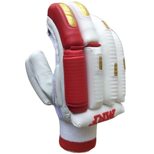 Image of M*R*F Leather Plam Cricket Batting Gloves Geni*us Prince, Shubman Gill Edition White Red Gold, Leather, Professional Protection | Club Play | Tournament | Matches | (White /Red /Gold, Youth RH, Right)