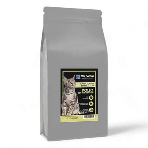 Mis Patitas - Pienso para Gatos Adultos - Esterelizados de Pollo con Atún y Salmón- 70% Total de Pollo atun y Salmon - Salud del Tracto urinario - Peso Saludable - Sin Cereales (5 Kg)