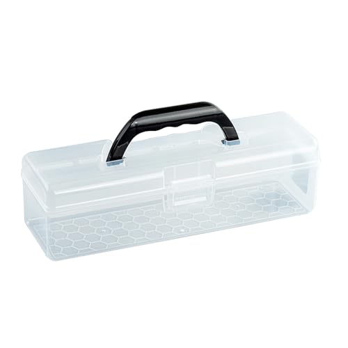 Image of Plastic Storage Container with Lid, Clear Craft Tool Art Supply Sewing Organizer Box with Handle, Small Storage Bin for Paint Brush, Pencils, Crayon, Toys, Ribbons (M 11.8 x 3.54 x 3.46 in)