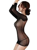 Mingnos Damen Sexy T-Shirt Mesh Oberteil Top Nylon Kleid Mini Kleider Transparent Dessous Rave Festival Outfit Netzoberteil Partykleid, Kleine Größe Schwarz