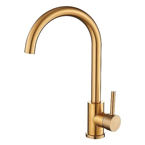 VALAZ Grifos Cocina Fregadero Dorado Cepillado Protección PVD Oro Alta Presión | Grifo Monomando, Giratorio 360º, Ahorro de Agua | Instalación Fácil y Rápida | Latón, Acero Inoxidable, Serie Misisipi