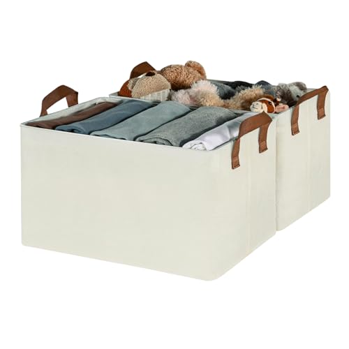 Image of DALUCI Foldable Cloth Organizer for Wardrobe - Fabric Storage Box with Metal Frame & Handles - Collapsible & Foldable Storage Box and Organiser for Clothes, Sarees, Towels - (Beige, Pack of 2)